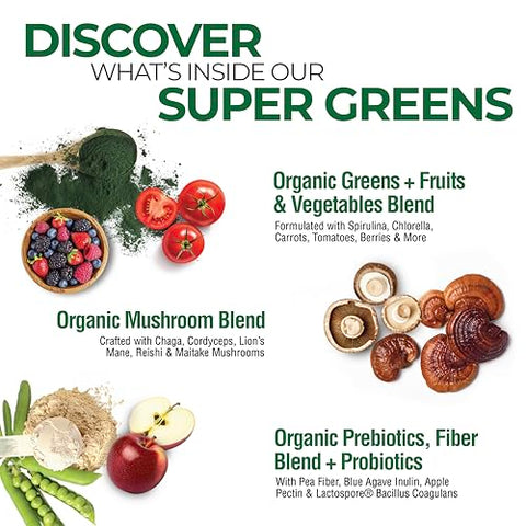 Super Greens: 50 Alimentos Orgânicos, Mix de Bebida Orgânica, Sabor Natural, Frutas, Vegetais, Super Greens, Cogumelos – 50g - COUNTRY FARMS