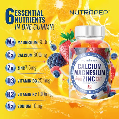 NutraPep - Gomas de Suplemento de Cálcio Magnésio Zinco – com Vitamina D3 K2 Magnésio Glicinato – Sabor Laranja e Frutas Vermelhas Veganas Sem Açúcar e Sem Glúten para Homens Mulheres Crianças