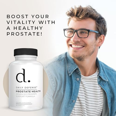 Daily Defense - Suplementos para Saúde da Próstata para Homens – Com Pó de Saw Palmetto, Vitamina E, Zinco, Cogumelos, Semente de Abóbora – Suporte Dietético para Próstata, 90 Ct
