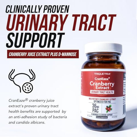 Triquetra Health - CranEaze®: Extrato de Suco de Cranberry com D-Manose – 36 mg PAC, 100% PAC Solúvel – Suporte à Saúde do Trato Urinário – Melhores Comprimidos de Cranberry para Mulheres, UTI Cranberry