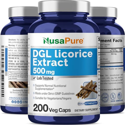 Extrato de Alcaçuz DGL 500 mg 200 Cápsulas Vegetais (Vegano, Não-OGM) - NusaPure