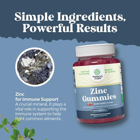 Natures Craft - Gomas de Zinco Extra Forte para Adultos – Gomas de Citrato de Zinco Mastigáveis 50mg – Imunidade para Adultos – Kosher Halal Sem Glúten e Gelatina Livre de OGM Sem Nozes – Sabor Incrível de Zinco