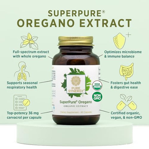 SuperPure Extrato de Orégano | Cápsulas de Extrato de Óleo de Orégano | Suplemento Orgânico de Óleo e Extrato de Folha de Orégano | para Saúde Imunológica, Digestiva e Respiratória (60 cápsulas) - PURE SYNERGY