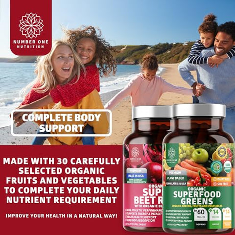 Number One Nutrition - N1N Premium e Orgânico Superfood Greens e Beet Root Tablets para Imunidade e Suporte Antioxidante, Embalados com Alfafa, Spirulina e Cevada, 120 comprimidos – Número Um Nutrição