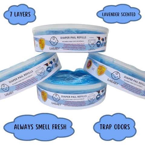 GABABY - Refil para Lixeira de Fraldas com Fragrância de Lavanda Compatível com Diaper Genie e Munchkin Pails (Pacote com 4) 1280 Unidades Anéis Absorventes de Odor para Fraldas de Recém-Nascidos Descarte de Sacos Redondos