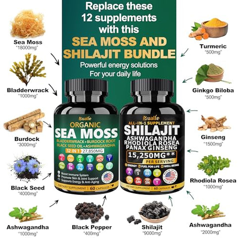 Bualle - Pacote Sea Moss e Shilajit – 60 unidades – Sea Moss 18000mg, Óleo de Semente Preta 4000mg, Ashwagandha 1000mg, Gengibre