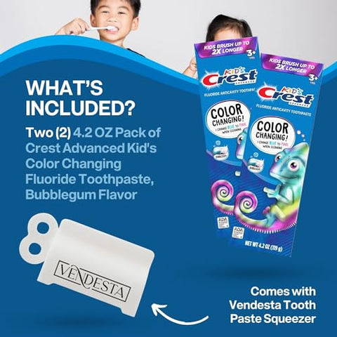 Pasta de Dente Infantil Crest Kids Color Changing: Kit com 2 Unidades Sabor Chiclete 4,2 oz (125 ml) + Espremedor de Pasta de Dente VenDesta – Divertido