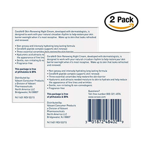 Night Cream para o Rosto | 2 Unidades (50 ml Cada) | Creme Noturno Renovador da Pele com Ácido Hialurônico - CeraVe