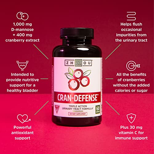 ZHOU - Zhou Nutrition Cran Defense – Concentrado de Cranberry para Saúde do Trato Urinário, Elimina Impurezas e Suporte para a Bexiga Saudável, Fórmula 3 em 1 – Extrato de Cranberry, D-manose, 60 cápsulas