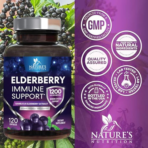 Nature's Nutrition - Cápsulas de Extrato 10:1 de Sabugueiro para Suporte Imunológico – Suplemento Diário de Suporte Imunológico para Adultos, Vitaminas Naturais de Sabugueiro Preto Sambucus, Vegano, Sem Açúcar