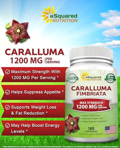 Caralluma Fimbriata 1200mg – 180 Cápsulas, Suplemento Natural para Perda de Peso, Supressor de Apetite à Base de Extrato de Raiz de Planta - aSquared Nutrition