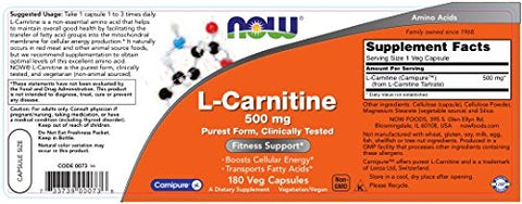NOW Foods - Now Foods L-Carnitine 500 mg 180 Cápsulas – Aumente sua energia e queime gordura