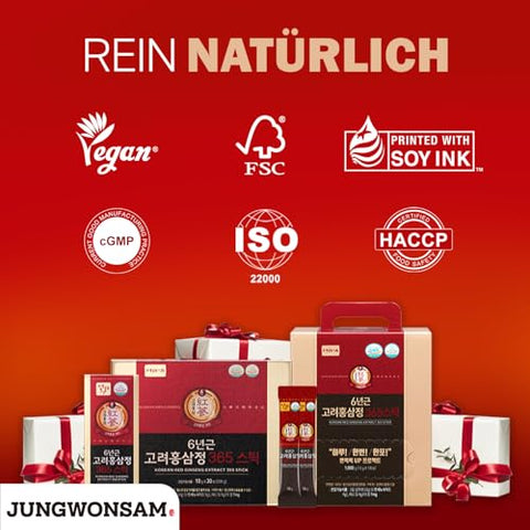 JUNGWONSAM - 6 Anos de Extrato de Ginseng Vermelho Coreano 365 | 100 Sticks | Vegano | 7mg de Ginsenosídeos por Stick | Energia, Concentração, Fadiga, Suporte Imunológico | Suplemento Diário de Vitalidade para Homens