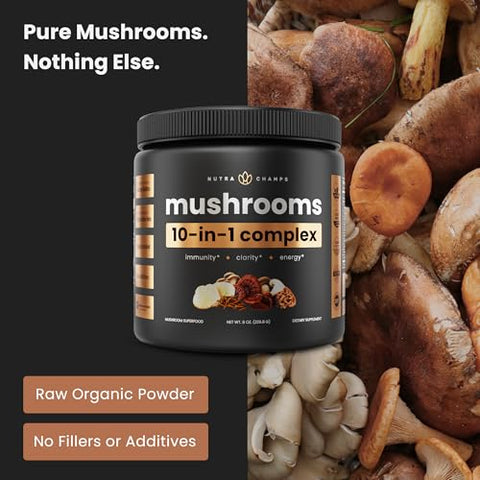 NutraChamps - Pó de Cogumelo Orgânico – Complexo 10 em 1 – Leão da Montanha, Reishi, Shiitake, Chaga, Cauda de Peru, Cordyceps, Maitake