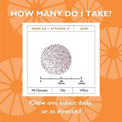 Celebrate Bariatric Supplements - Celebrate Vitamins Iron com Vitamina C Mastigáveis, 60 mg Ferro, Sabor de Frutas Vermelhas, Vitaminas Bariátricas para Pacientes de Cirurgia de Redução de Estômago, Contém 30 Unidades, 1g
