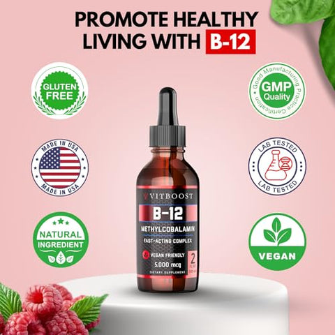 VITBOOST - Vegan Liquid B-12 Drops – 60 x 5000 mcg Extra Strength Sabor Framboesa Vitamina B12 Líquida Methylcobalamin Sublingual | Maximiza Absorção