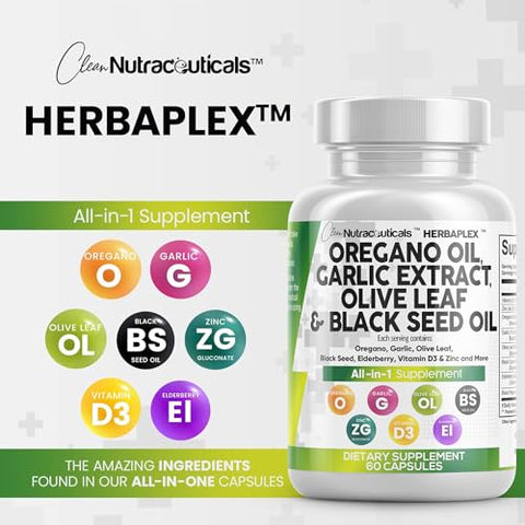 Clean Nutraceuticals - Óleo de Orégano 6000mg Extrato de Alho 4000mg Folha de Oliveira 3000mg Óleo de Semente Negra 3000mg – Suporte Imunológico