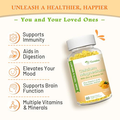 VZOXAINS - Gomas de Cálcio de Alta Absorção, Sem Açúcar, Suplemento de Cálcio e Magnésio com Vitamina D3 K2 para os Ossos