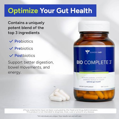 Bio Complete 3: Probióticos 3 em 1 para Saúde Intestinal, Suplementos Probióticos para Digestão, Suporte para Inchaço, Gases, Desejos Alimentares, Níveis de Energia, Pele e - Gundry MD