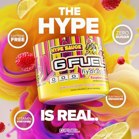 Hype Sauce em Pó com Eletrólitos, Mistura para Hidratação, Energia e Foco, Sem Açúcar, Suplemento com Minerais Essenciais, Sabor Limonada de Framboesa – 3.3g - G Fuel
