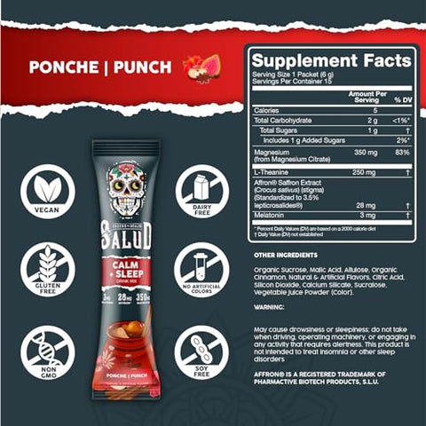 Taste Salud - Salud Ponche 2 em 1 Bebida Calmante para Dormir, Sabor Punch, Melatonina, Magnésio, Extrato de Açafrão, L-Teanina, Não-OGM, Sem Glúten, Vegano, Baixa Caloria, 1g de Açúcar (15 Porções)