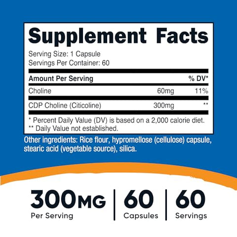 CDP Choline (Citicoline) 300mg – 60 Cápsulas Vegetarianas | Livre de OGM, Amigável aos Vegetarianos, Sem Glúten - Nutricost