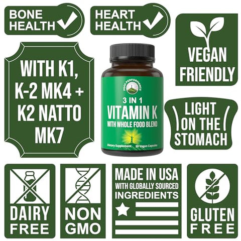 Peak Performance - Vitamina K com Mistura de 25 Vegetais e Frutas para Máxima Absorção. Cápsulas Veganas de Suplemento. Vitaminas K1, K-2 MK4 K2 Natto MK7. Alternativa a Gotas, Gomas