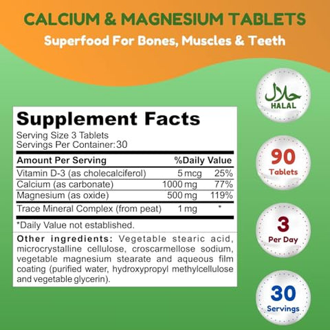 SHIFAA NUTRITION - Suplemento de Cálcio Magnésio Halal c/ Vitamina D3 | Cálcio 1.000 mg, Magnésio 500 mg | 30 Porções, Não-OGM | Estrutura