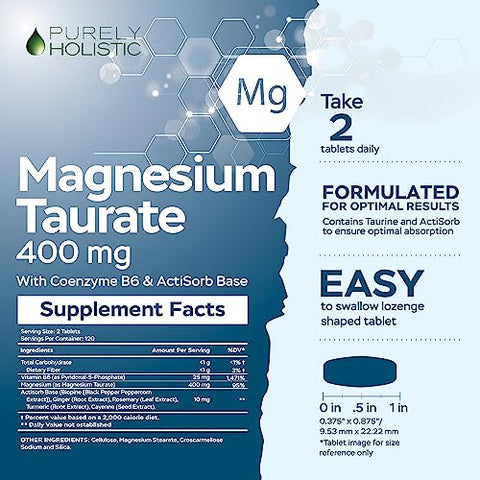 Purely Holistic - Magnésio Taurato 400mg Comprimidos – Magnésio Quelato com Taurina e Coenzima B6 – Complexo de Magnésio de Alta Absorção para Saúde Cardiovascular, Função Muscular e Nervosa – 240 comprimidos
