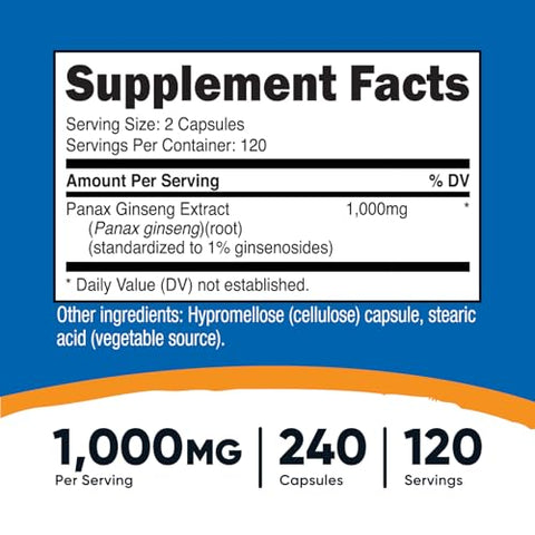 Panax Ginseng 1000mg – 240 Cápsulas | Sem GMO, Sem Glúten | 120 Porções - Nutricost