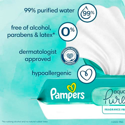 Aqua Pure Lenços Umedecidos para Bebês Sensíveis, 99% Água, Hipoalergênico, Sem Perfume, 8 Pacotes Flip-Top (448 Lenços no Total) (Embalagem Pode Variar) - Pampers