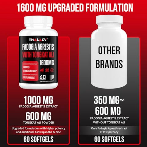 Thalacy - Fadogia Agrestis Tongkat Ali 1600mg – Extrato de Fadogia Agrestis para Homens com Ashwagandha, 120 Softgels – Máxima Potência
