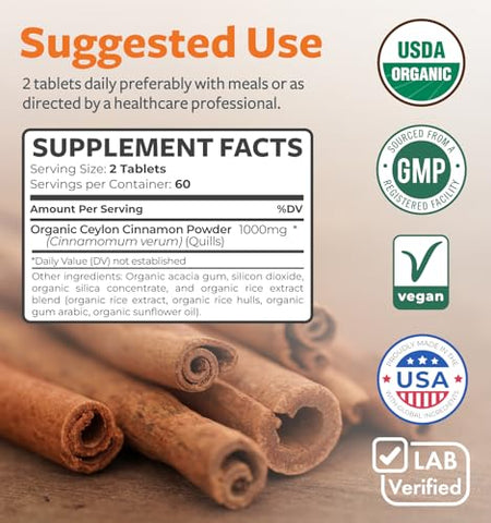 Healths Harmony - Canela Ceylon Orgânica USDA (120 comprimidos) 1000mg de Pó de Canela em Rama por Porção – Suplemento Natural para Metabolismo, Cognição, Articulações e Imunidade