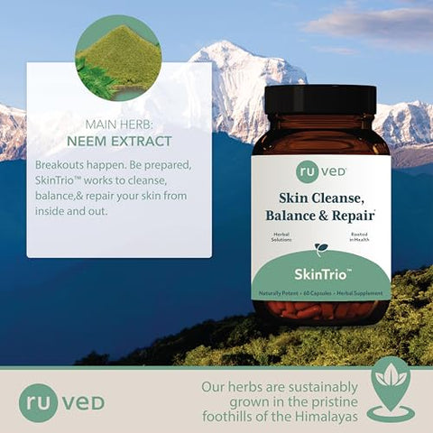 R-U VED - Ruved SkinTrio: Suplemento Ayurvédico para Pele Clara, Calma e Radiante, Suporte para Desintoxicação e Digestão com Neem, 60 Cápsulas Vegetarianas