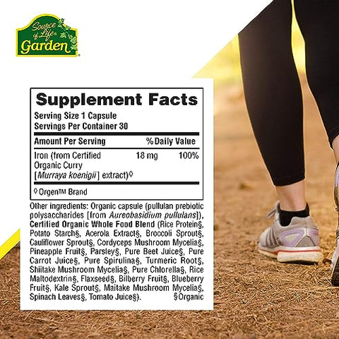 Natures Plus - NaturesPlus Source of Life Garden Ferro Orgânico Certificado 18 mg – 30 Cápsulas Veganas – Suplemento de Ferro à Base de Plantas – Suporta Sangue Saudável – Vegetariano, Sem Glúten
