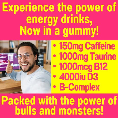 Gomas Energéticas com Taurina 1000mg, Cafeína 150mg, D-3, B-12, Complexo B, Inositol – Vitaminas em Gel, Bebidas, Cápsulas, Shots, Mastigáveis, Pó – Corrida, Corredores - SHIZAM