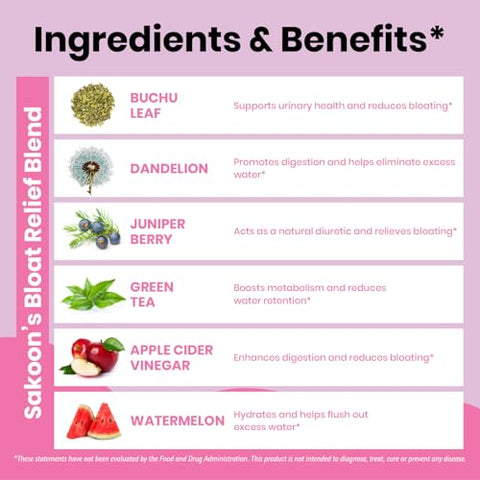 Sakoon nutrition - Sakoon Nutrition – Gummies Alívio de Inchaço para Mulheres – Chá Verde, ACV, Dente-de-leão, Folha de Buchu, Suporte Natural à Digestão, 60 Gummies, Sabor Melancia
