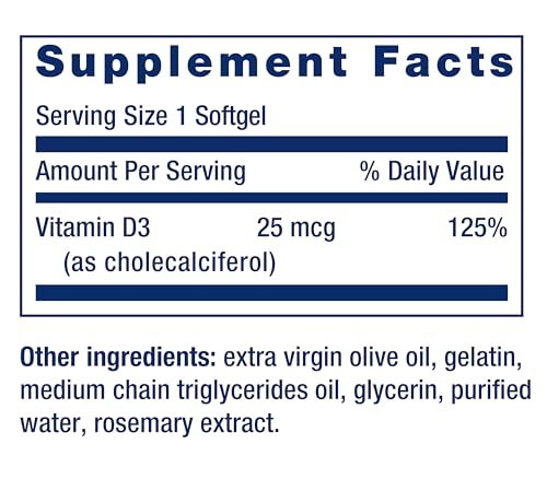 Vitamina D3 25 mcg (1000 UI) Life Extension, suporte ao sistema imunológico, saúde óssea, saúde integral, tamanho econômico, sem glúten, não transgênico, 250 softgels
