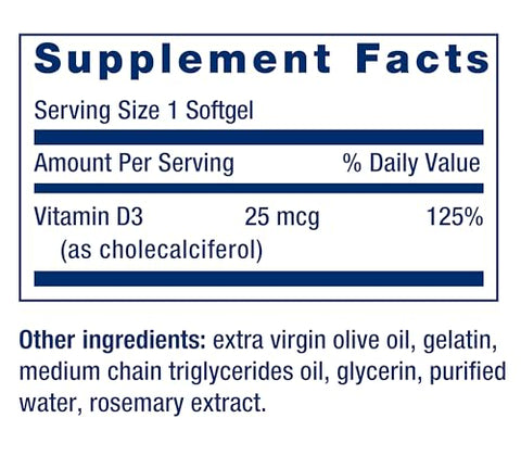 Vitamina D3 25 mcg (1000 UI) Life Extension, suporte ao sistema imunológico, saúde óssea, saúde integral, tamanho econômico, sem glúten, não transgênico, 250 softgels