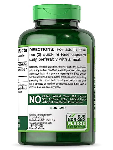 Suplemento Nature’s Truth NAC | N-Acetil Cisteína | 1.200mg | 200 Cápsulas | Aminoácido Livre | Não-OGM