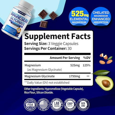 DECENT NATURE - Magnésio Glicinato 525mg – Suplemento de Magnésio Elemental Quelado para Alta Absorção – Marca: Magnésio Glicinato 525mg