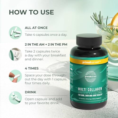 2 Pack – Colágeno Multi Tipo I, II, III, V, X – 120 Cápsulas com Vitamina C para Cabelo, Pele, Unhas – Mulheres e Homens - Primal Harvest