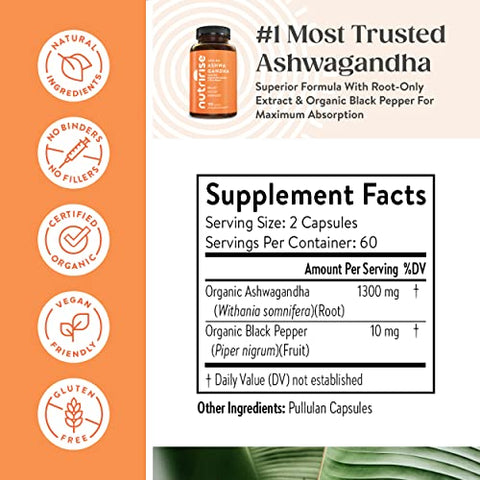 Cápsulas de Raiz de Ashwagandha Orgânica com Pimenta Preta, 1300mg, Natural Antiestresse - NutriRise