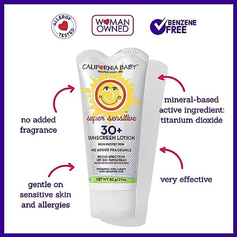 Protetor Solar Mineral California Baby Super Sensitive SPF 30 | Amplo Espectro | Dióxido de Titânio | Hipoalergênico Sem Fragrância | Seguro para Recifes | Pele Sensível | 30g