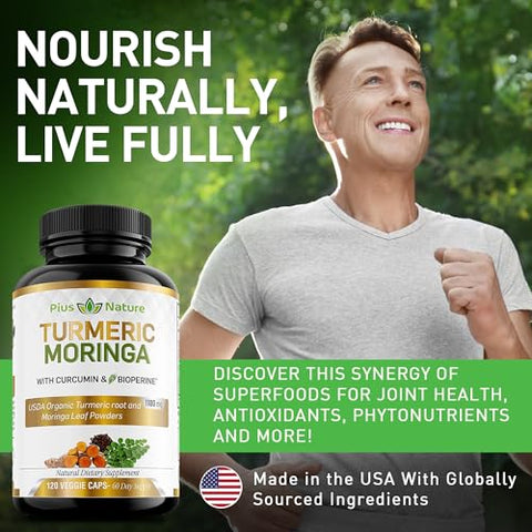 PIUS NATURE - Turmeric Moringa – Cápsulas Vegetais Orgânicas de Cúrcuma Curcumina e Pó Orgânico de Moringa – 120 Cápsulas Veggie para Mulheres e Homens