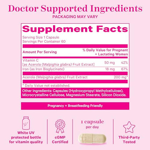 Suplemento de Ferro Pré-Natal para Mulheres – 18 mg de Ferro Não Causa Constipação – 30 Cápsulas - Pink Stork