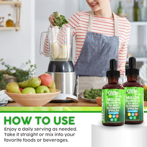 Clean Nutraceuticals - Gotas Líquidas de Mullein Orgânico com Clorofila para Desintoxicação Pulmonar + Irish Sea Moss, Spirulina, Alcaçuz, Cereja Azeda, Lobélia, Cardo-Mariano e Sabugueiro para a Saúde de Homens e Mulheres