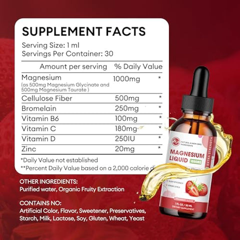 M inch - Magnésio Líquido 1000mg, Gotas Líquidas de Magnésio Glicinato Sem Açúcar com Fibra de Celulose, Bromelina, Vitaminas B6, C, D, Zinco para Noite, Saúde Digestiva, Sabor Morango, 60ml