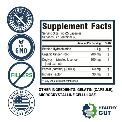 Healthy Gut,LLC - HCL Guard para um Intestino Saudável | Promove a Função Digestiva Saudável | Betaina Hidroclorídrica, Raiz de Gengibre Orgânico e DGL
