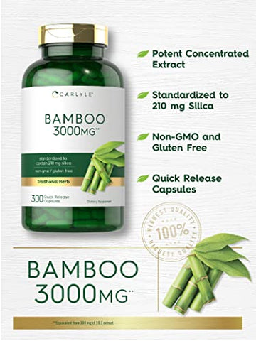 Extrato de Bambu Cápsulas | 3000mg | 300 Unidades | 210mg Sílica | Suplemento Sem OGM, Sem Glúten - Carlyle